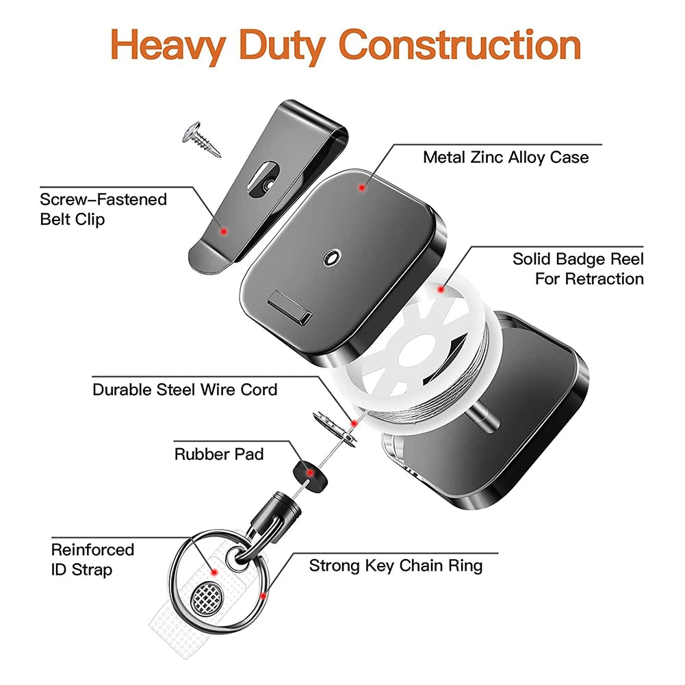 Heavy Duty Retractable Badge Reel Key Chain - Square Design with Carabiner Clip