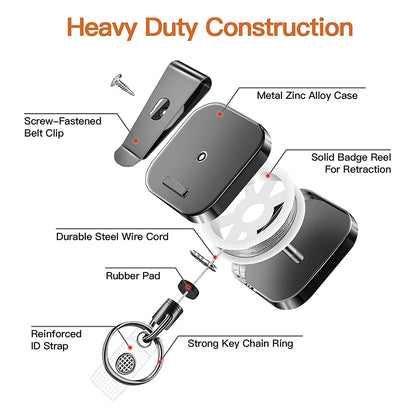 Heavy Duty Retractable Badge Reel Key Chain - Square Design with Carabiner Clip