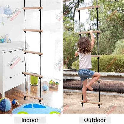 Kids Wooden Rope Ladder Climbing Swing - Indoor Outdoor Playground Recreation Set