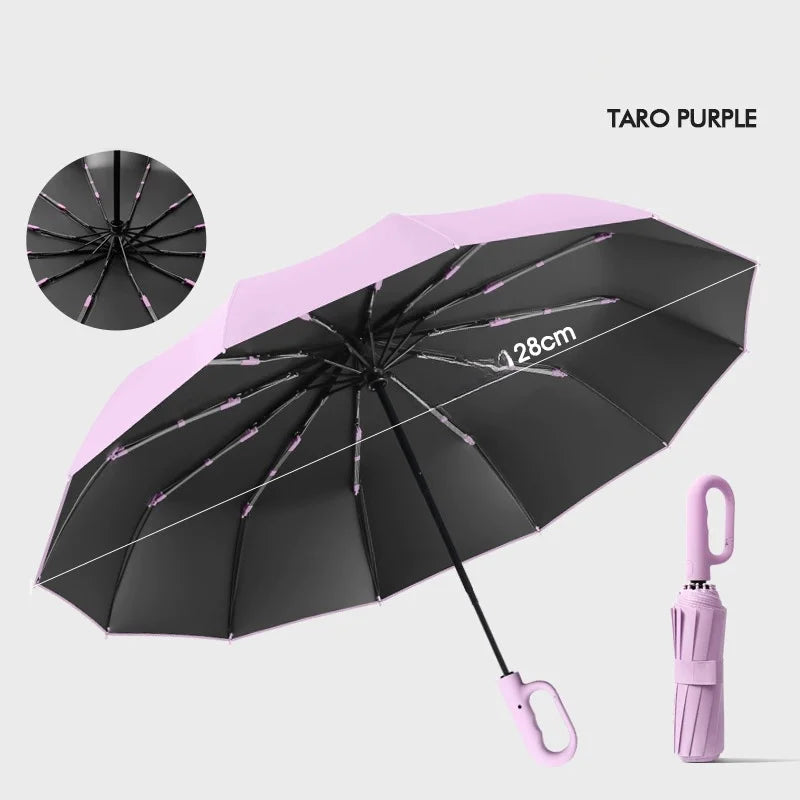 Extra Large 12-Rib Automatic Umbrella - Windproof Dual-Purpose Folding Rain & Sun Umbrella with Ring Buckle & Black Coating