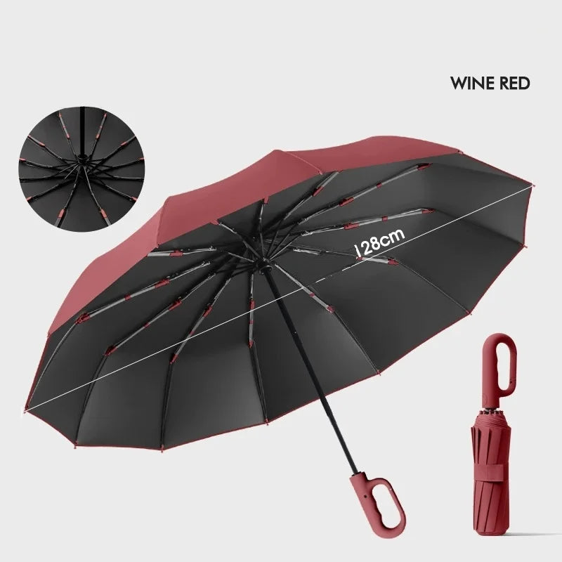 Extra Large 12-Rib Automatic Umbrella - Windproof Dual-Purpose Folding Rain & Sun Umbrella with Ring Buckle & Black Coating