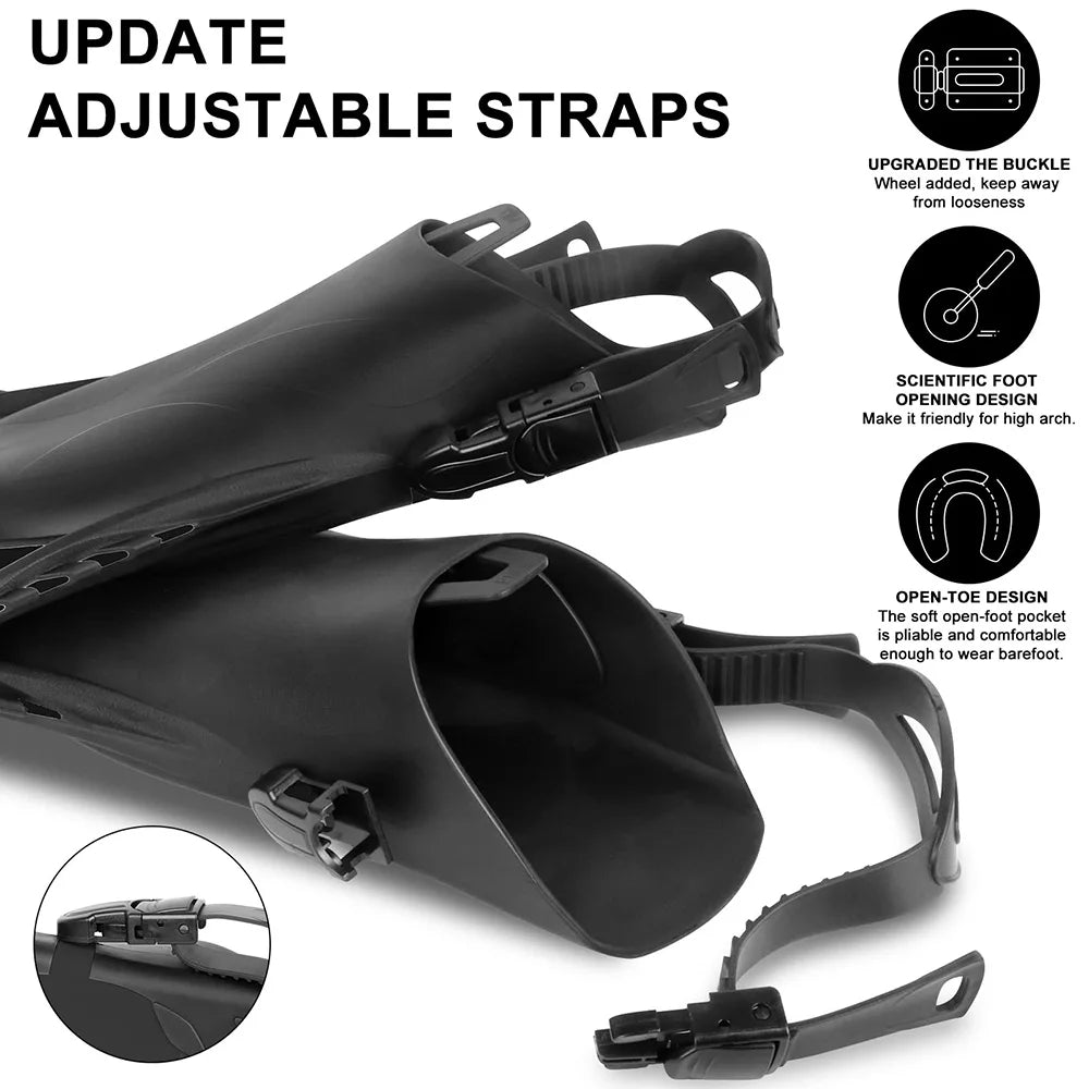 Adjustable Silicone Swimming Fins - Short Travel Diving Flippers with Open Heel Design for Adults, Youth & Kids