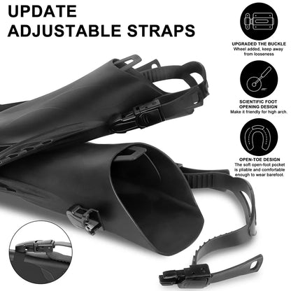 Adjustable Silicone Swimming Fins - Short Travel Diving Flippers with Open Heel Design for Adults, Youth & Kids