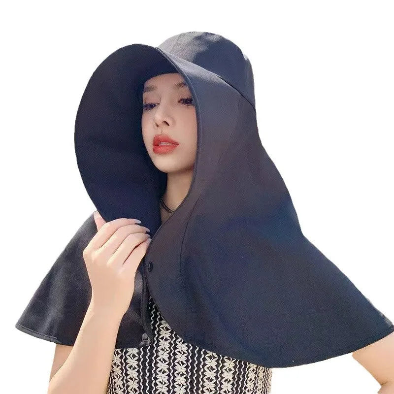 Women's Wide Brim Sun Visor Hat - UV Protection Ponytail Cap with Neck Shawl for Outdoor Fishing & Hiking