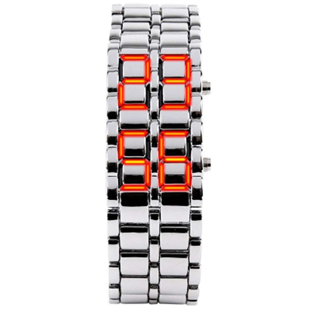 LED Digital Sports Watch - Full Metal Lava Style Wristwatch with Alarm & Calendar (Red/Blue Display)