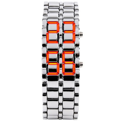 LED Digital Sports Watch - Full Metal Lava Style Wristwatch with Alarm & Calendar (Red/Blue Display)